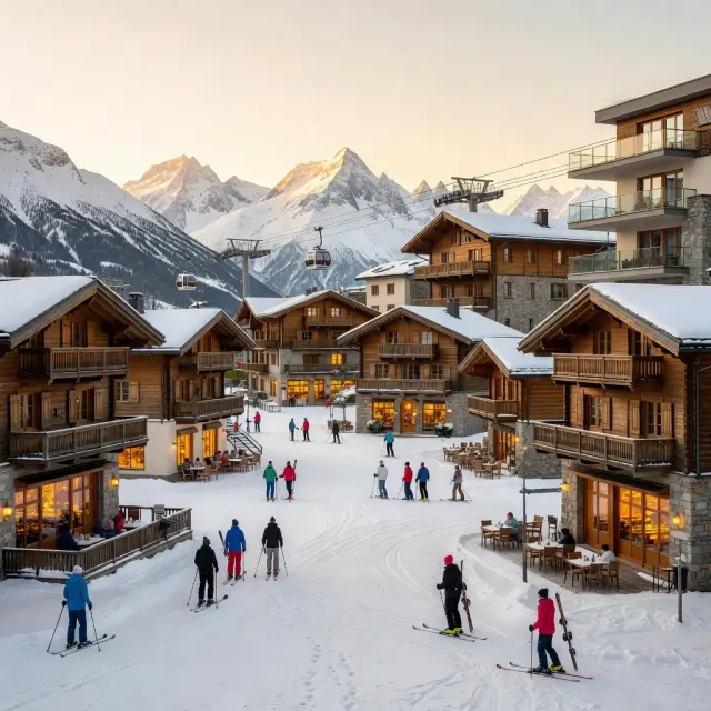La Croisette plein in Les Menuires met moderne skiappartementen, restaurants en skiërs die naar de Pointe de la Masse-kabelbaan lopen