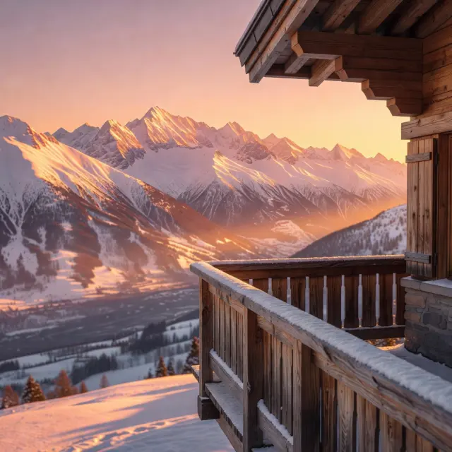 Rustige berghuizen met besneeuwde pistes en panoramisch uitzicht over de Alpen op een zonnige winterdag
