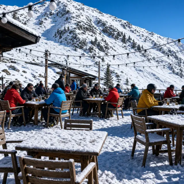 La Croisette plein in Les Menuires met moderne skiappartementen, restaurants en skiërs die naar de Pointe de la Masse-kabelbaan lopen