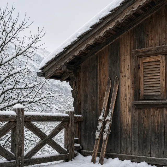 Savoyaards dorpje Crest-Voland met houten boerderijen en besneeuwde pistes bij Les Saisies in de Franse Alpen