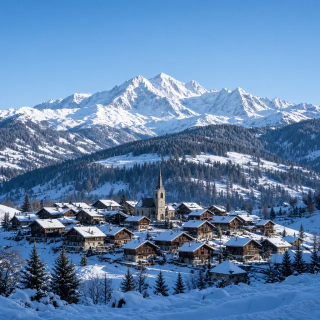 Besneeuwde bergdorpjes en skipistes met uitzicht op de Mont Blanc in de buurt van Hauteluce en Les Saisies