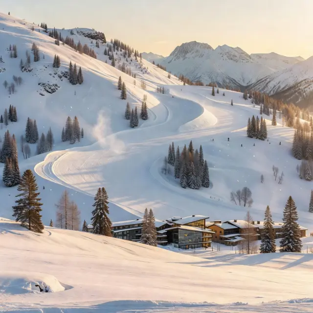Het autovrije skigebied Le Corbier in Les Sybelles met overdekte winkelgalerijen en appartementengebouwen op 1550 meter hoogte in de Franse Alpen