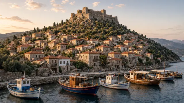 Stenen huizen met rode daken tegen een heuvel met een middeleeuwse burcht en een vissershaventje in Molyvos op Lesbos