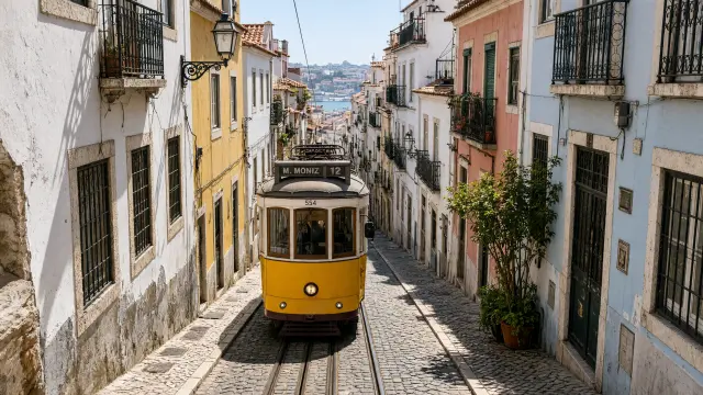 Een gele tram in een steile straat van de Alfama in Lissabon