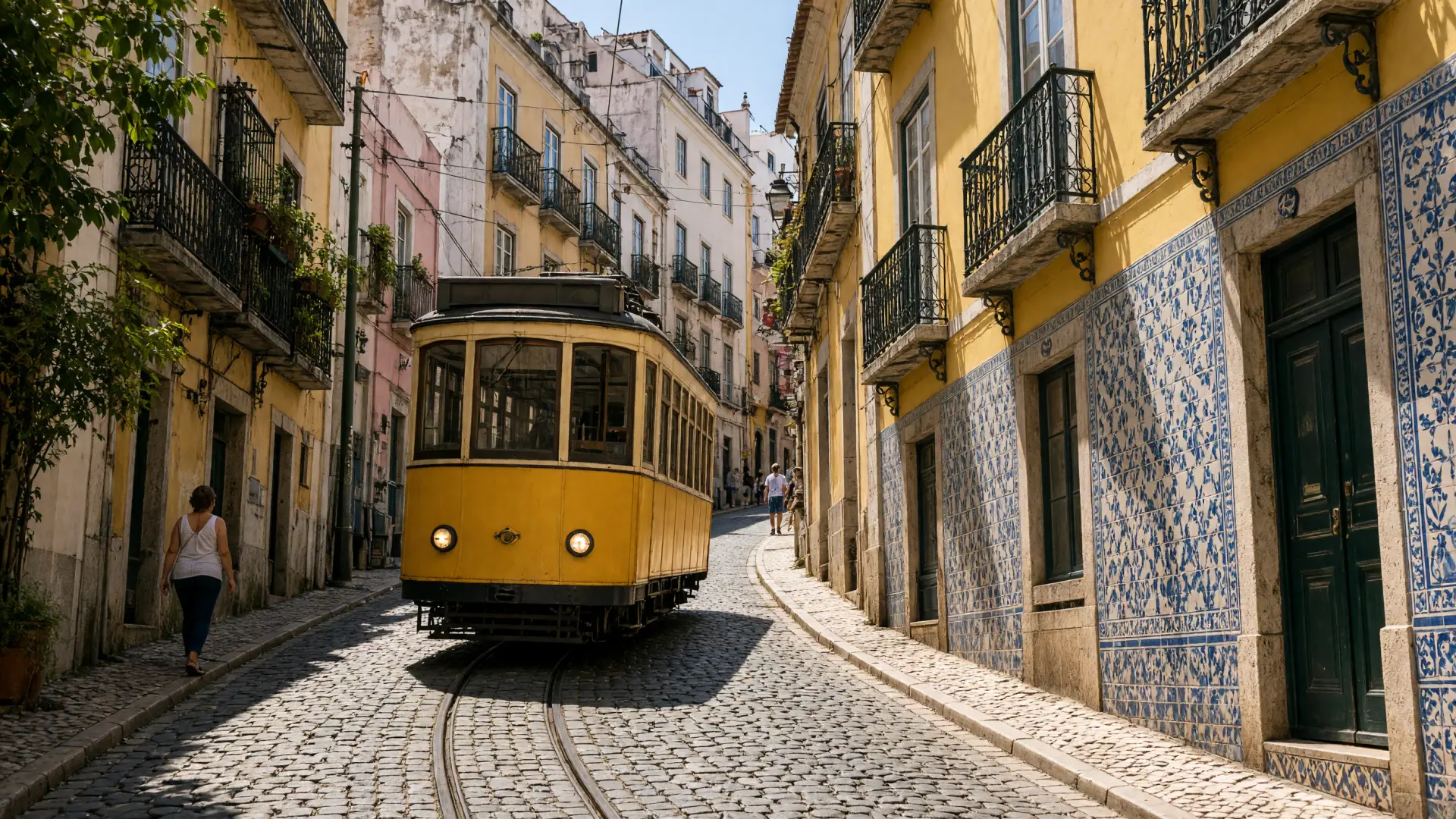 Gele tram in een steil straatje in Lissabon