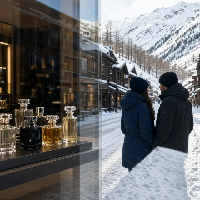 Kleurrijke etalages met parfum, cosmetica en sportartikelen langs de autovrije hoofdstraat van een Alpendorp met besneeuwde bergtoppen op de achtergrond