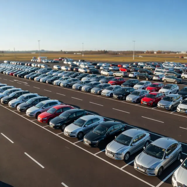 Overzichtsfoto van de parkeerterreinen en moderne terminal van Weeze Airport met duidelijke bewegwijzering en compacte indeling