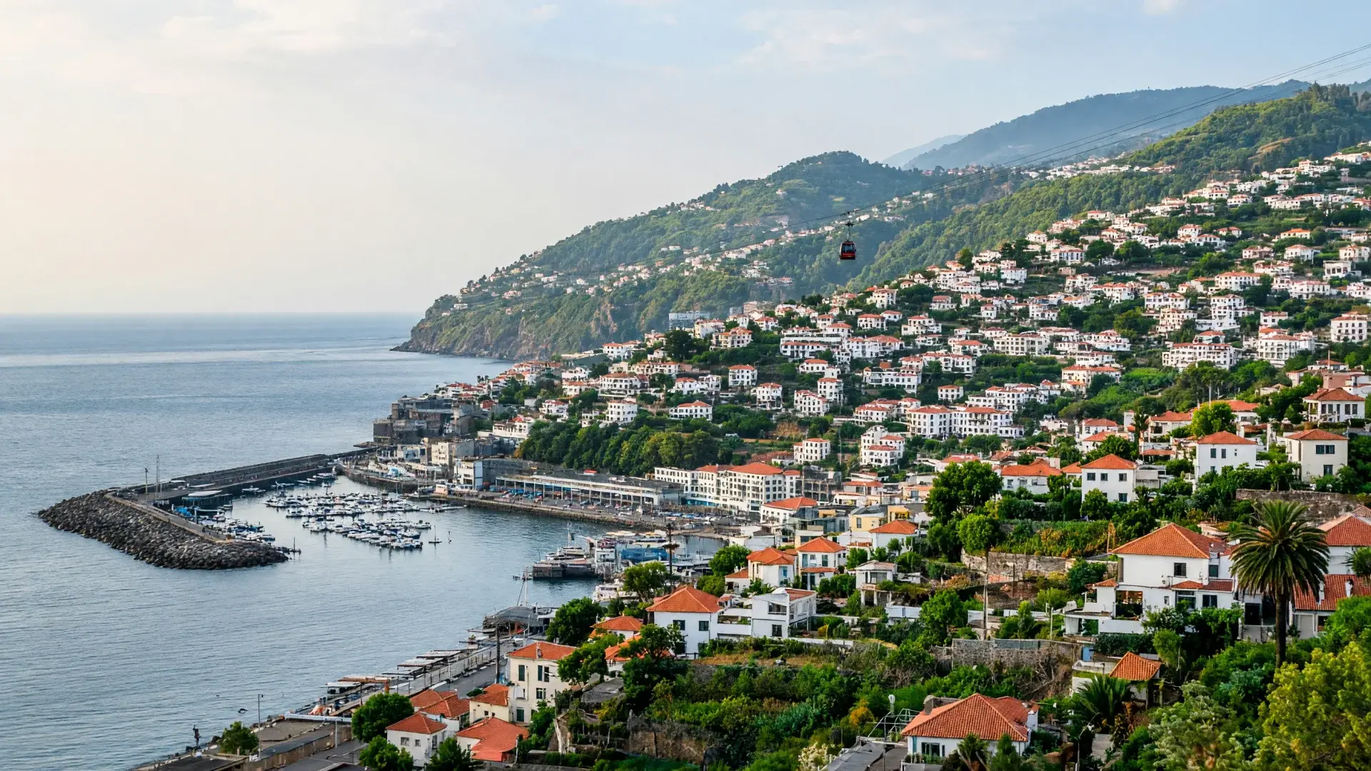 Witte huizen met rode daken op de heuvels boven de haven van Funchal op Madeira