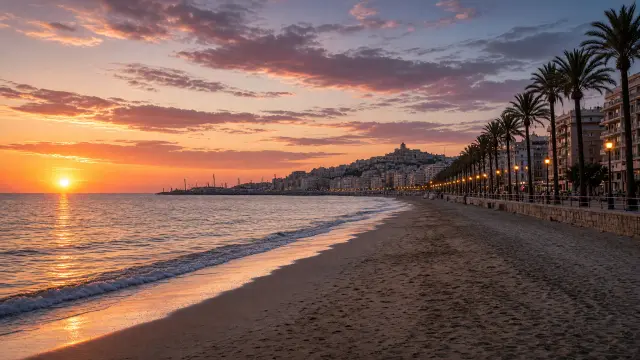 Het stadsstrand van La Malagueta in Málaga bij zonsondergang