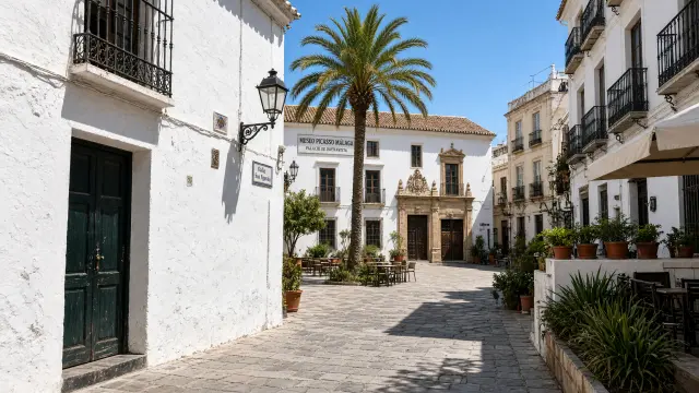 Het centrum van Málaga met witte gevels en een palmboom op een klein plein