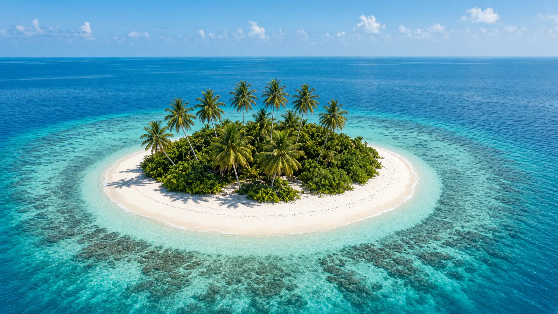 Rond eilandje met palmbomen en wit strand in een turquoise lagune in de Malé-atollen