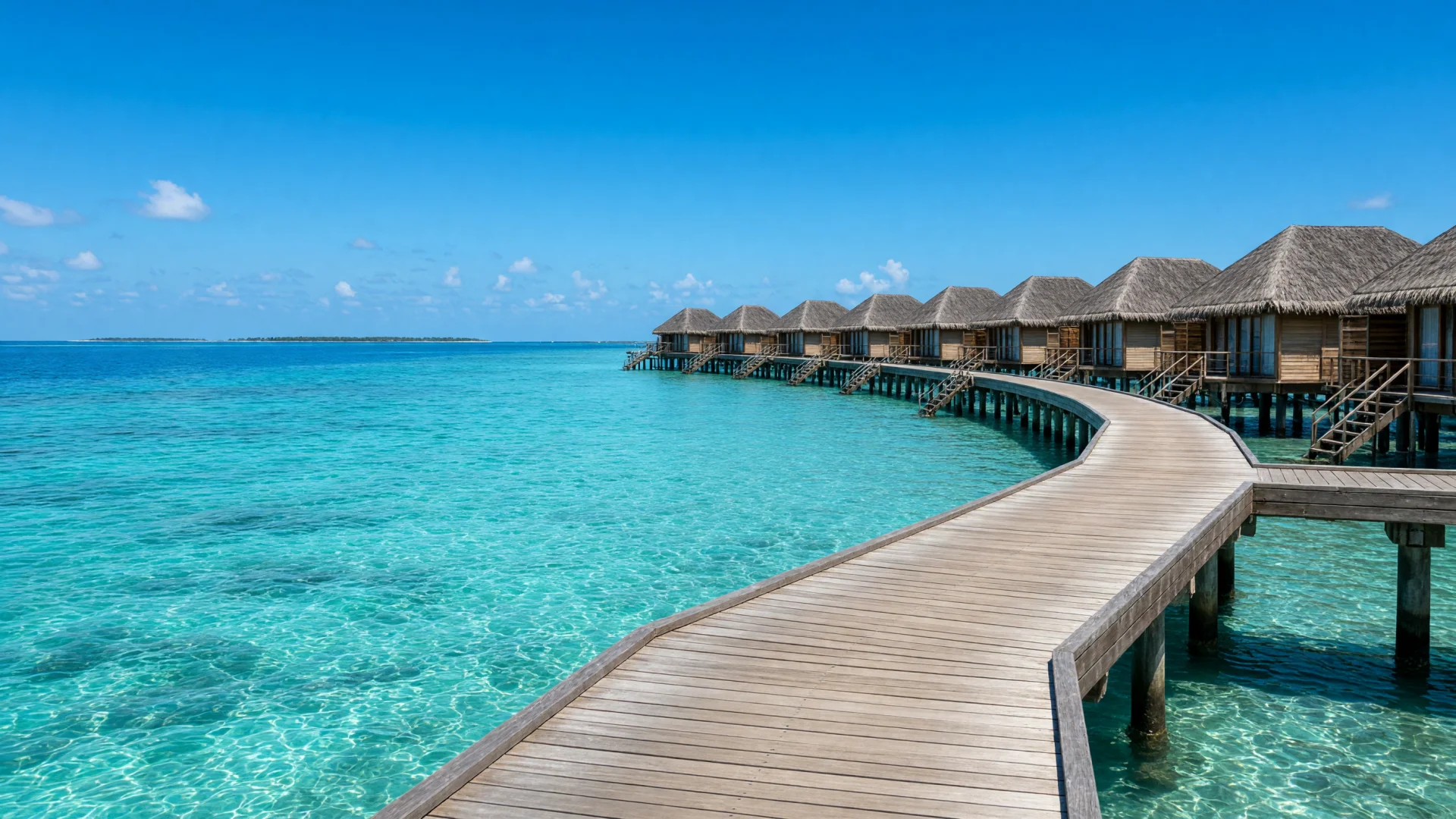 Watervilla's op palen boven een turquoise lagune op de Malediven