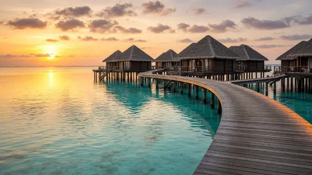 Watervilla's op palen en een houten steiger boven de lagune bij zonsondergang