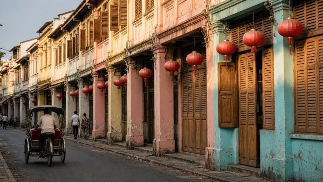 Kleurrijke straat met oude Chinese winkelhuizen en een fietsriksja in George Town op Penang