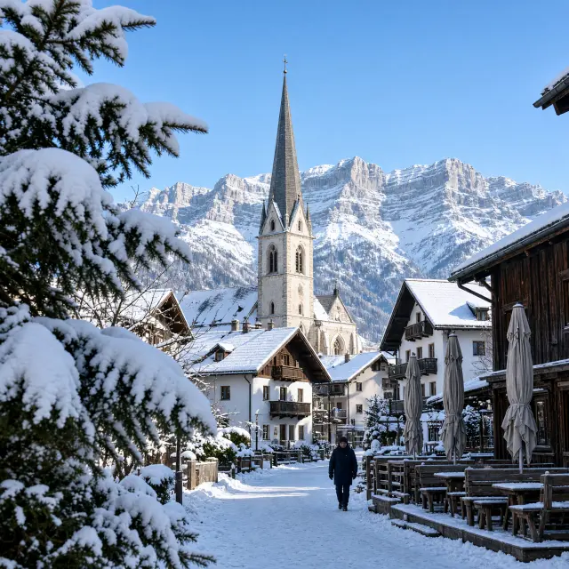 Dorpskerk met witte toren in Maria Alm, omringd door besneeuwde bergen en houten chalets in de winter
