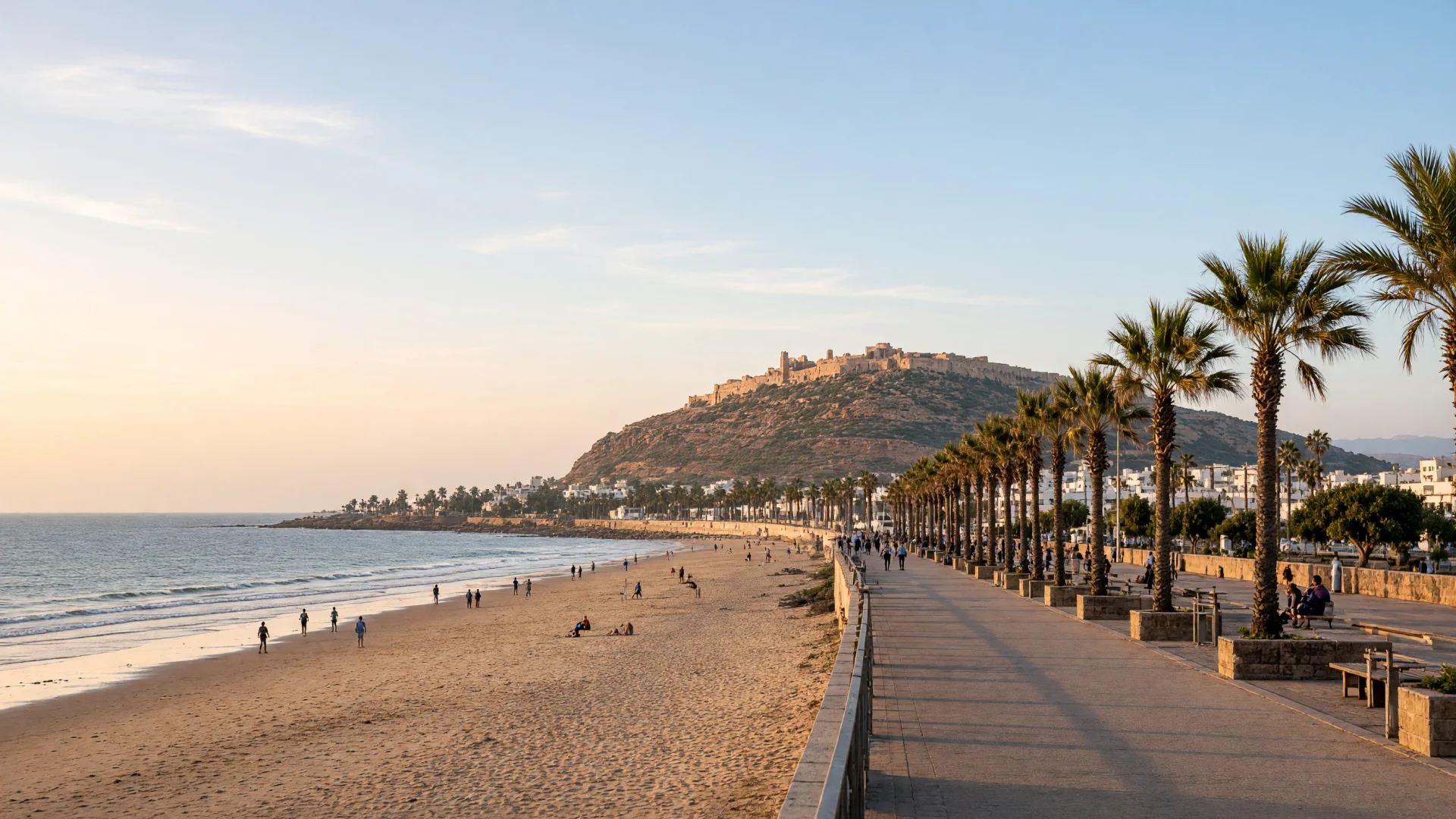 Breed zandstrand en boulevard met palmbomen in Agadir