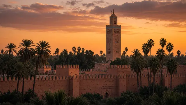 De Koutoubia-minaret van Marrakech tussen palmbomen bij zonsondergang