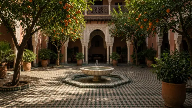 Binnenplaats van een riad in Marrakech met een fontein en mozaïektegels
