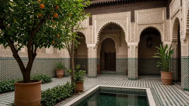 Betegelde binnenplaats met klein zwembad en sinaasappelbomen in een riad in Marrakech