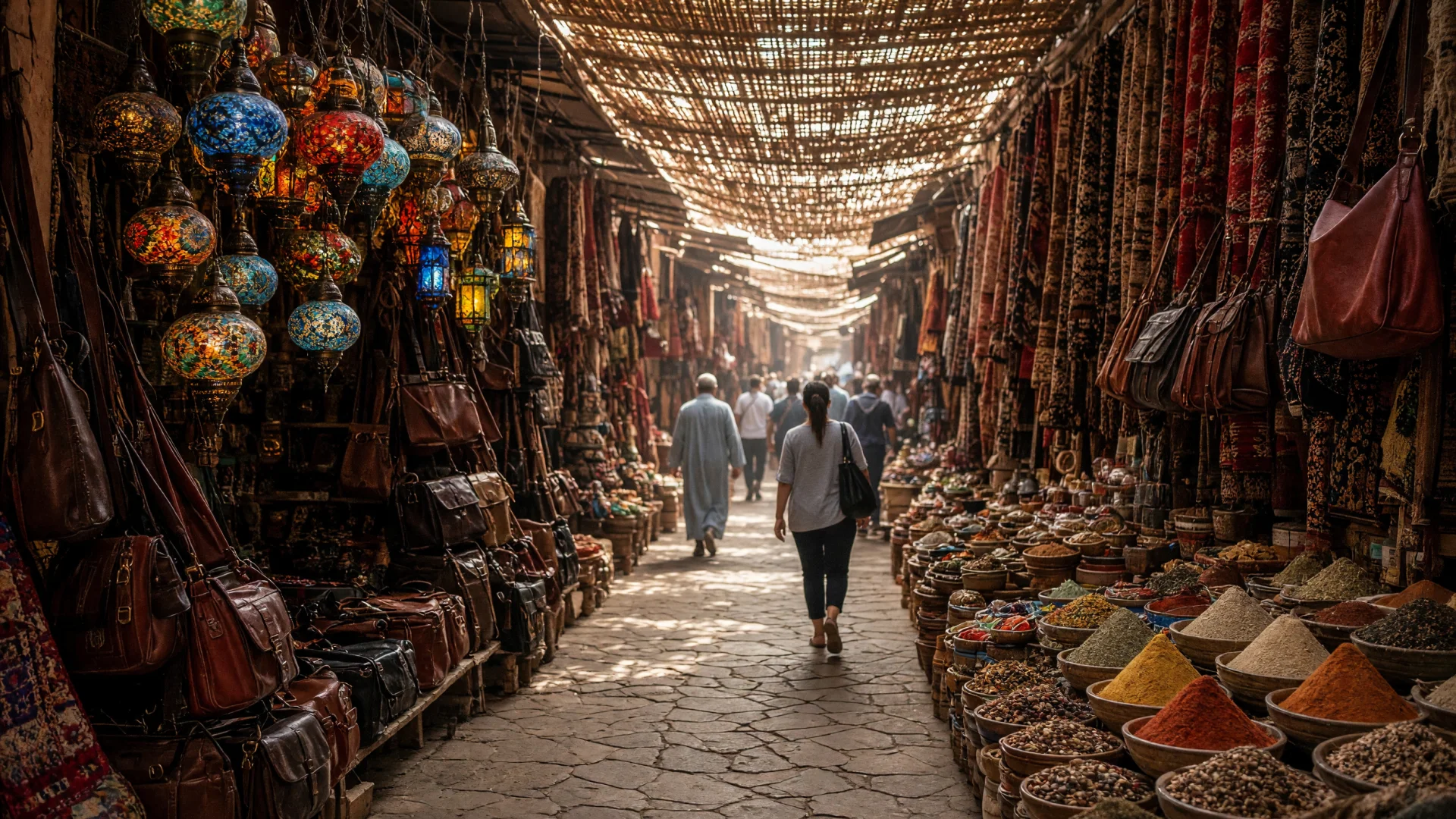 Overdekte souk met lantaarns en tapijten in de medina van Marrakech