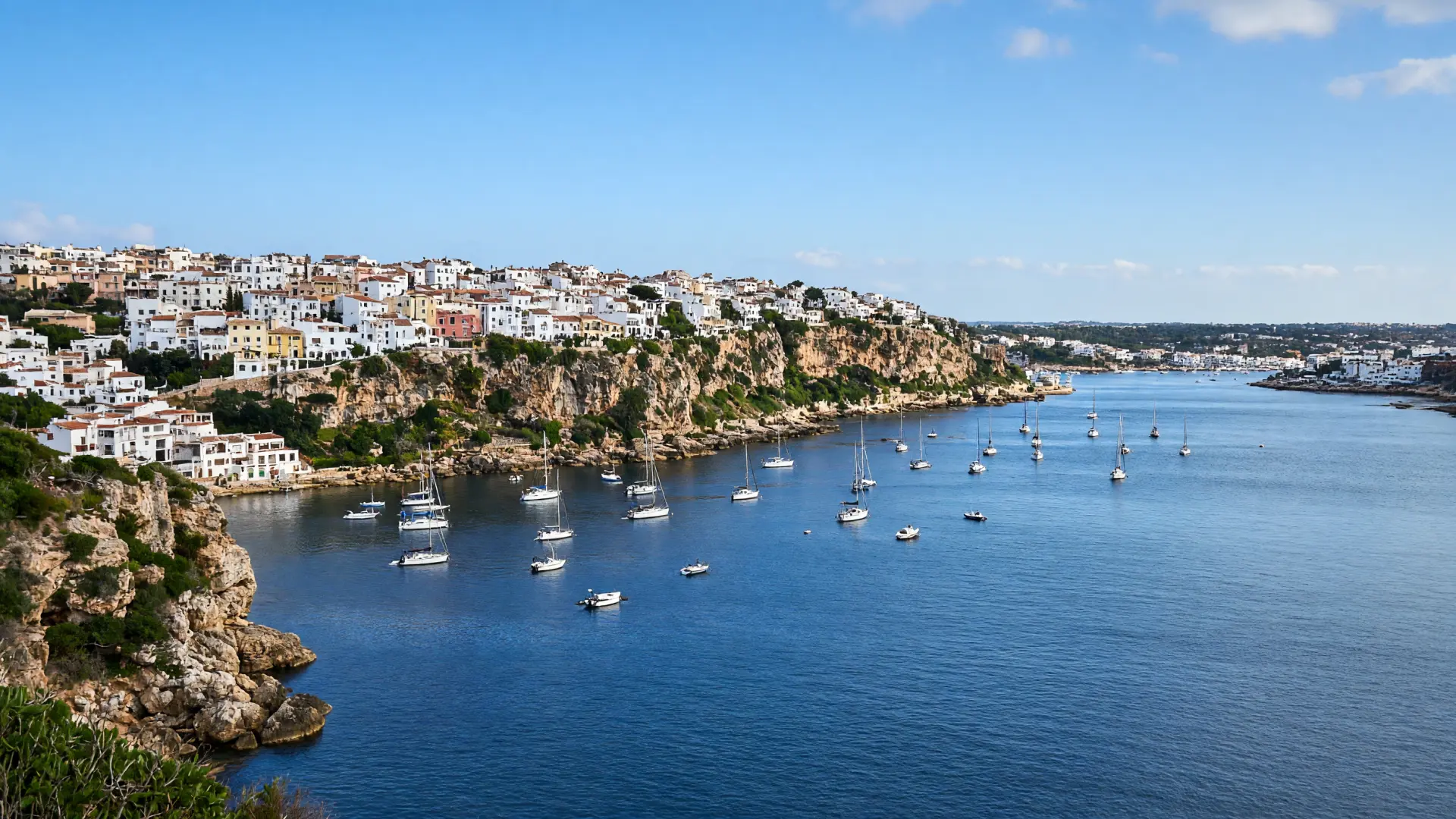 Witte huizen op de kliffen boven de haven van Maó