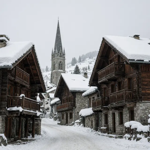 Authentiek Savoyaards dorpje met houten chalets en kerktoren in het Belleville-dal, omringd door besneeuwde bergen bij Méribel