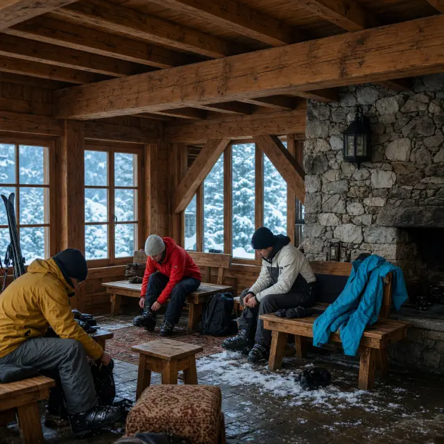 Houten chalets onder de sneeuw in Méribel-Centre met skipistes en bergtoppen op de achtergrond