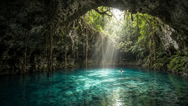 Helder turquoise water in een cenote in de jungle van Yucatán, met zonlicht door een opening in de rots