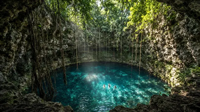 Zwemmers in een open cenote met turquoise water, lianen en zonlicht door de opening in de rots