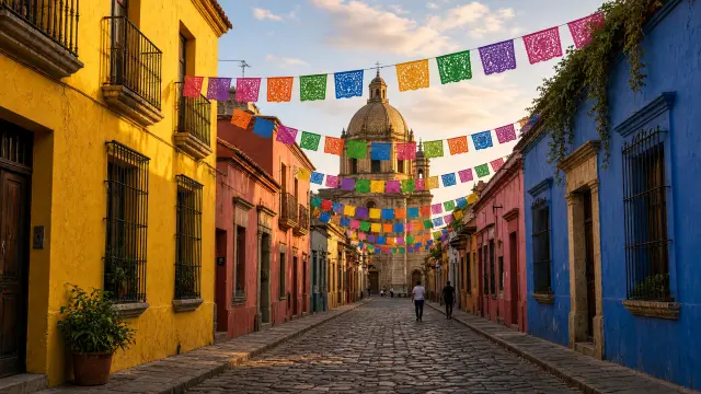 Een kleurrijke koloniale straat in Oaxaca met vlaggetjes boven de straat en een kerkkoepel