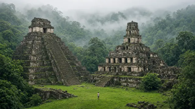 De Maya-tempels van Palenque tussen het groene regenwoud, met een kleine wandelaar