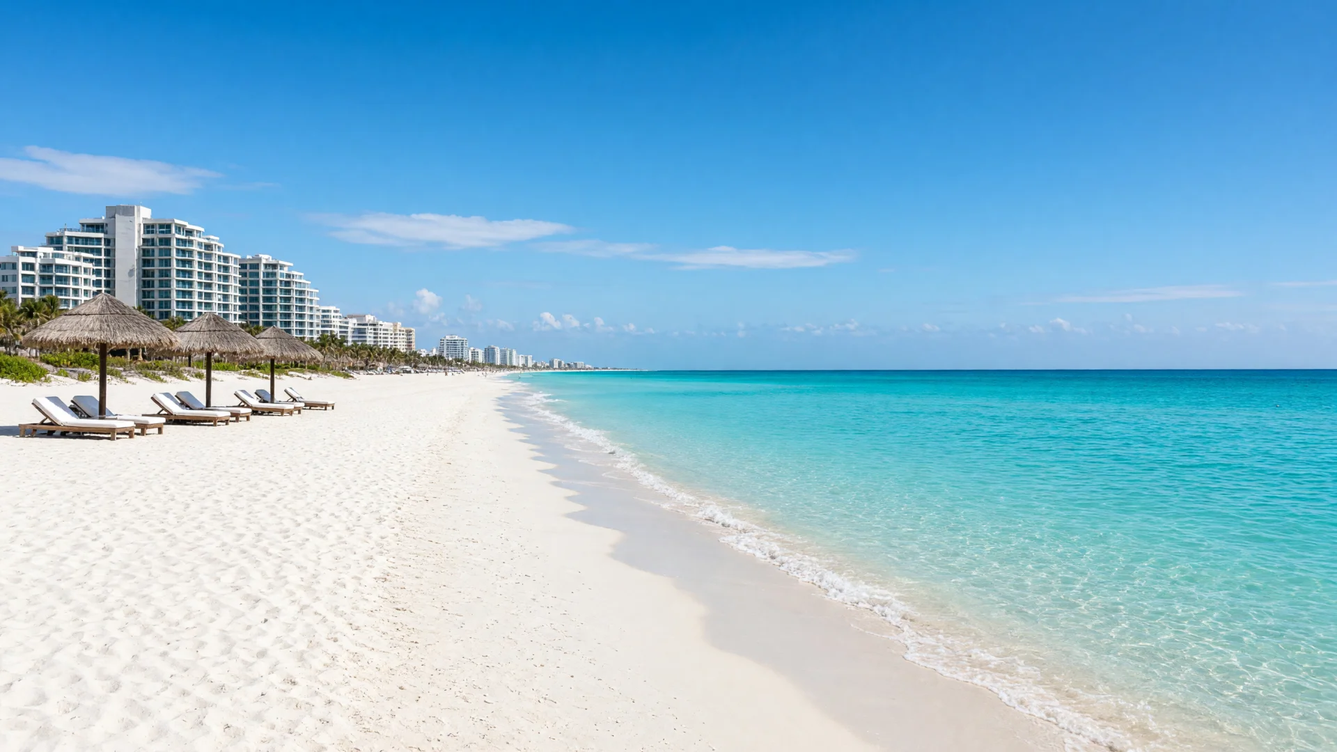 Breed wit zandstrand met turquoise water en parasols in Cancún