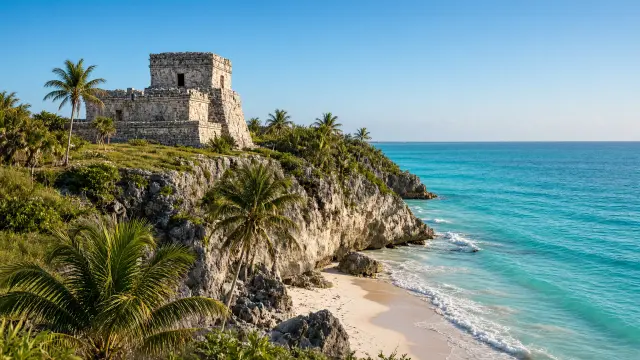 De Maya-ruïnes van Tulum op een klif boven een wit strand en de turquoise zee
