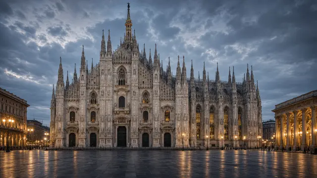 De Duomo van Milaan bij avondlicht met de witte marmeren gevel