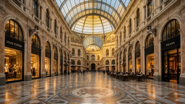 De glazen overkapping van de Galleria Vittorio Emanuele II in Milaan met mozaïekvloer