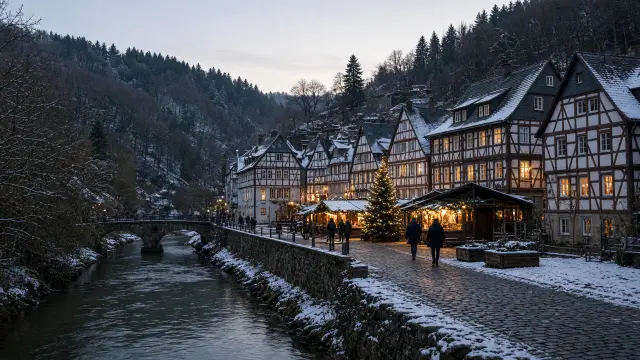 Vakwerkhuizen langs de rivier in een Duits stadje in de winter