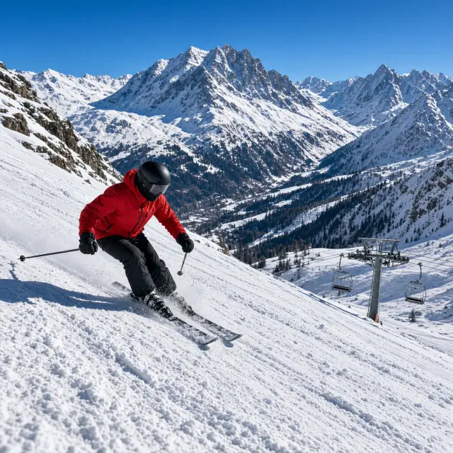 Skiërs dalen af op een zonnige piste met uitzicht op de bergtoppen van Paradiski