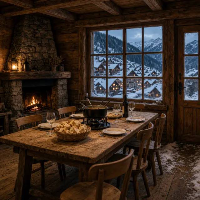 Gezellig verlichte houten chalet in de Savoie met een gedekte tafel voor een fondue-avond na een dag skiën