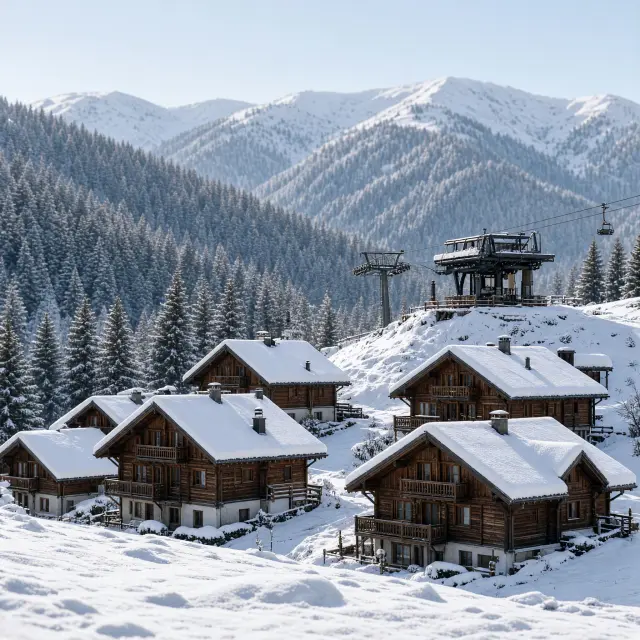 Chalets en appartementen van het bergdorp Montalbert in de sneeuw, met skipistes en bergtoppen op de achtergrond