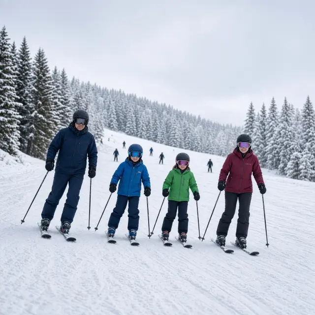 Rustige skipiste met sneeuwbedekte dennenbomen en een kleine skilift bij Morzine in de Franse Alpen