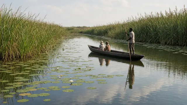 Mokoro tussen het riet in de Okavangodelta met kleine figuren in de kano