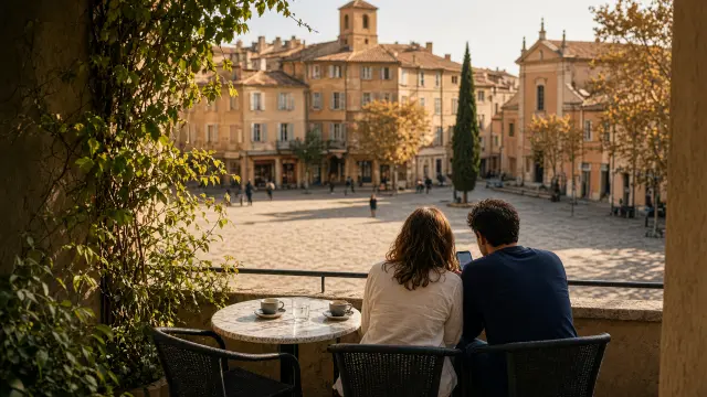 Koppel op een zonnig terras in een oud stadje dat samen op een smartphone een reis plant