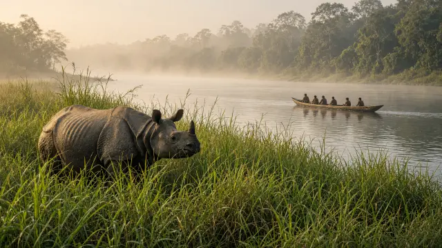 Neushoorn in hoog gras aan de rivier in Chitwan, met een kleine kano op de achtergrond