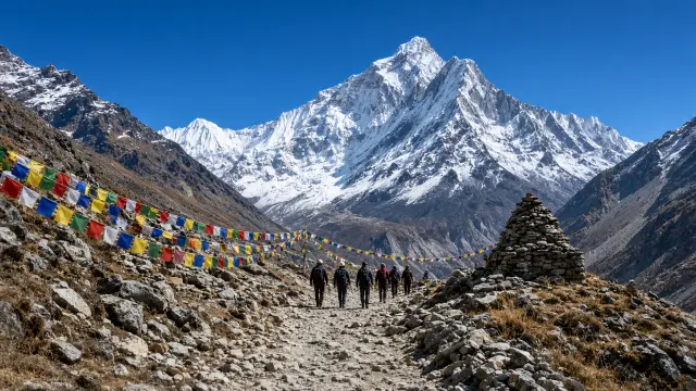 Kleine trekkers op een stenen pad met gebedsvlaggen in de Everest-regio, Ama Dablam op de achtergrond