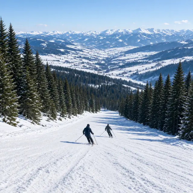 Skiërs dalen af op brede, zonnige pistes met uitzicht op de besneeuwde Tiroolse bergtoppen