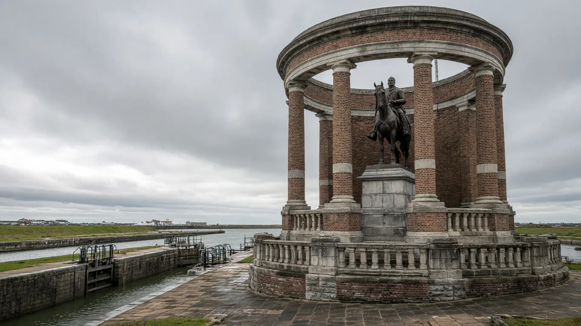 Rond monument met ruiterstandbeeld bij sluizen