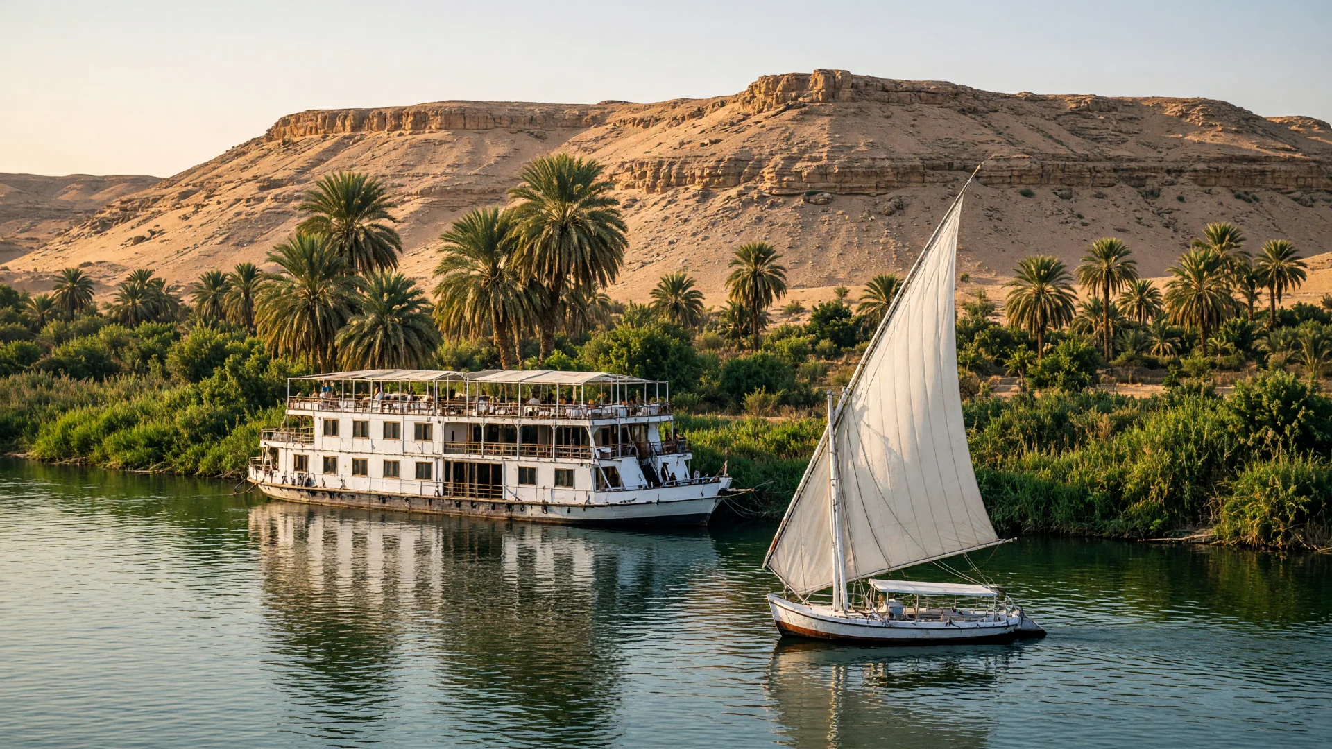 Nijlcruiseboot langs de oever met palmbomen in Egypte