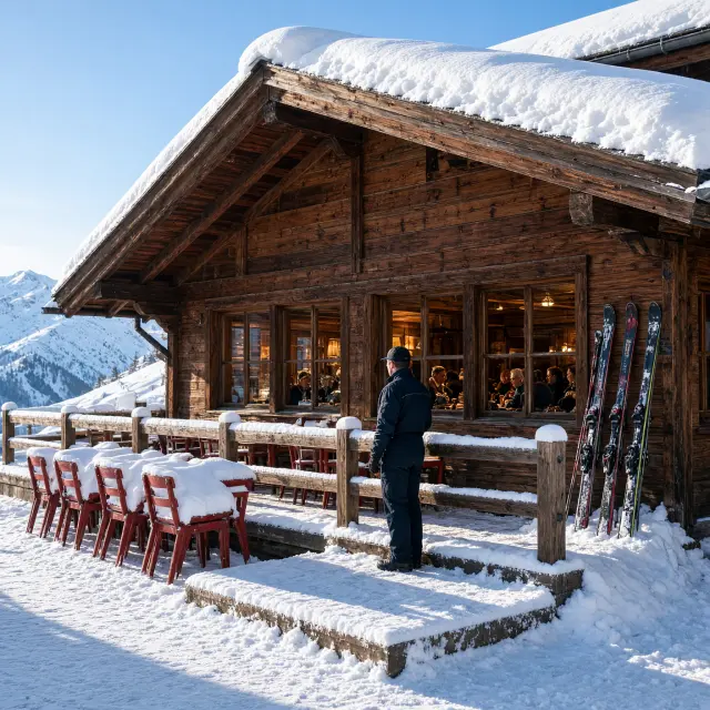 Traditioneel Oostenrijks bergdorp met houten chalets in de sneeuw, skipistes op de achtergrond, Tirol wintersport skigebied Alpen