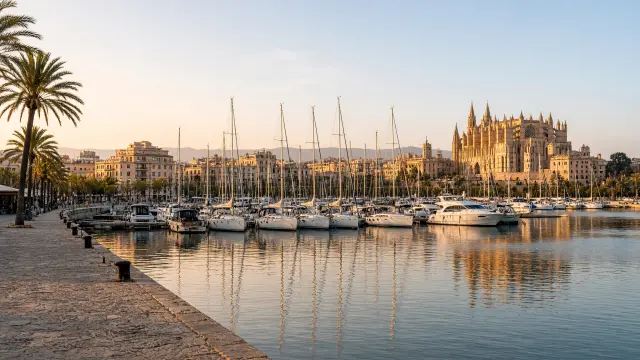 De haven van Palma de Mallorca met zeilboten langs de promenade