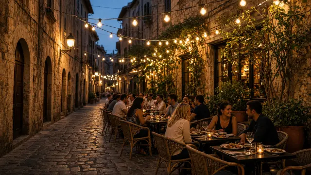 Een tapasterras in een smalle straat van de oude stad van Palma bij avond
